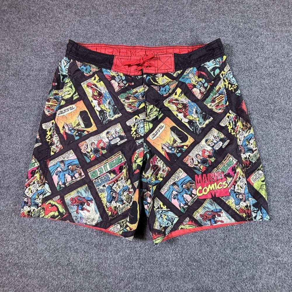 Marvel Comics Trunk Shorts Mens M Black Polyester Swimwear Surfing Graphic Print